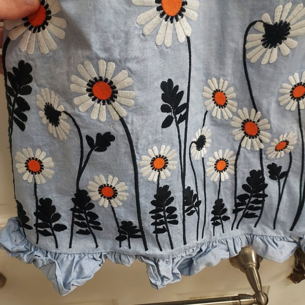 Orla Kiely Blue Floral Embroidered Ruffle Embroidery Chambray Skirt - Picture 4 of 11
